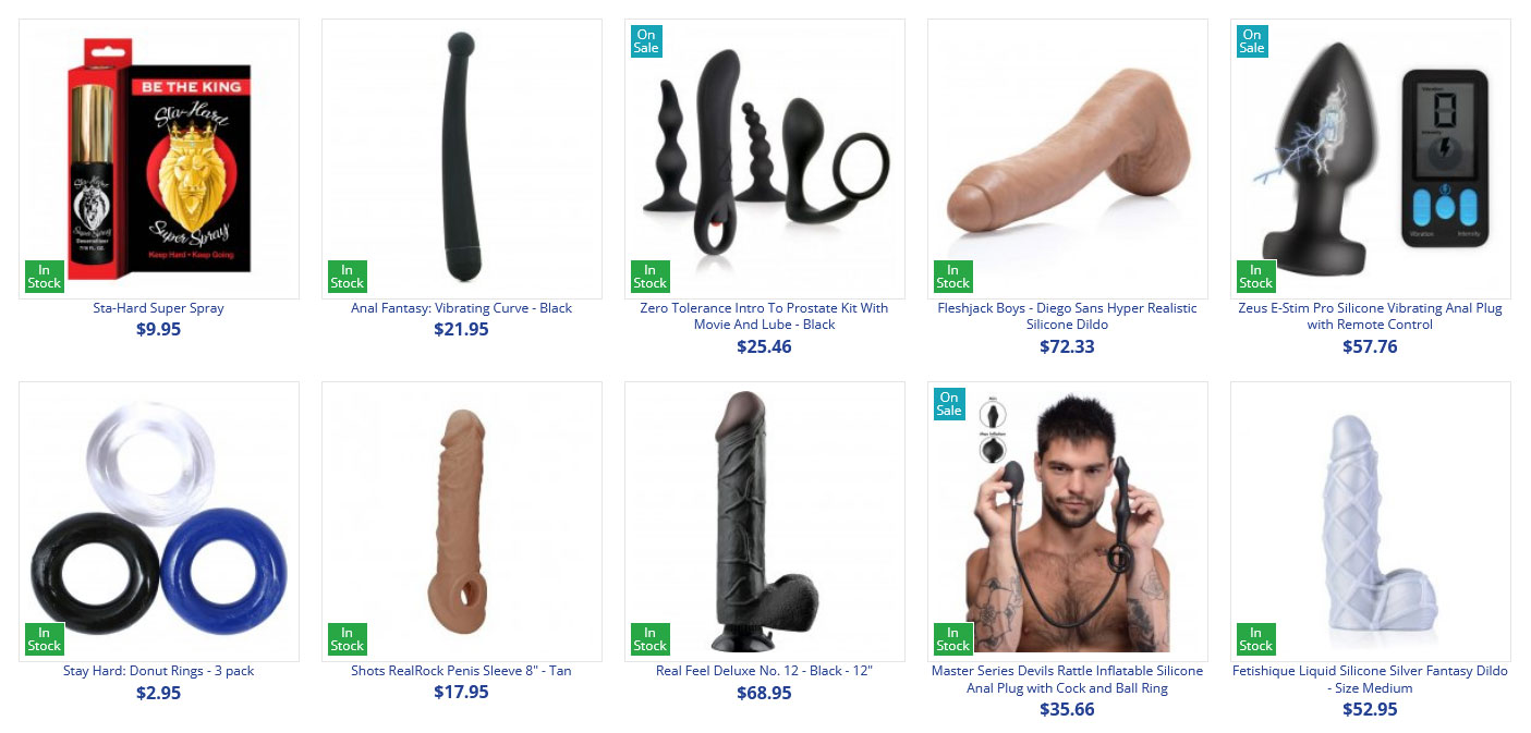 Gay Sex Toys, Dildos, Butt Plugs, Cock Rings, Vibators, Fucking Machines, Anal Beads, Pumps, Leather, Masturbators, Harnesses, Penis Enlargers, Penis Sheaths,